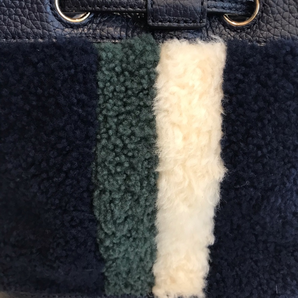 Tory Burch Navy Shearling Bucket Bag with Cream and Forest Green Stripes - Picture 3 of 12